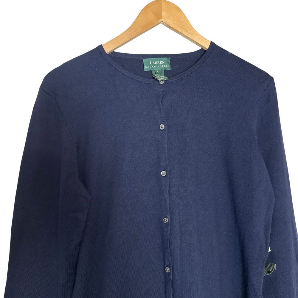 Lauren Ralph Lauren Navy Blue Button Front Silk Crewneck Cardigan Sweater Large - Picture 2 of 8